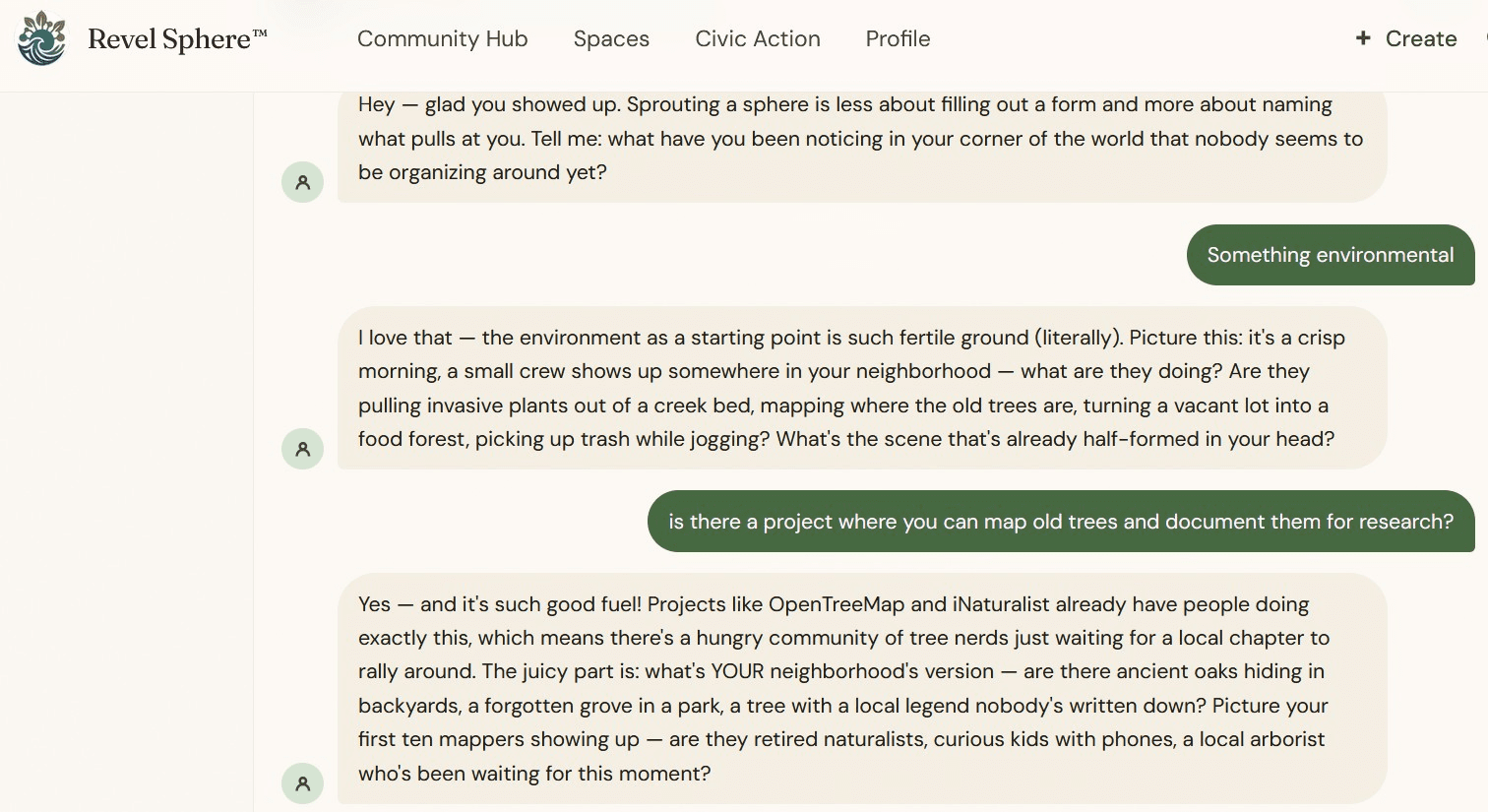 A sample Revel Space sprouting conversation: the guide asks what's pulling at you, the visitor answers 'something environmental,' and together they shape a tree-mapping project — naming who might show up first.