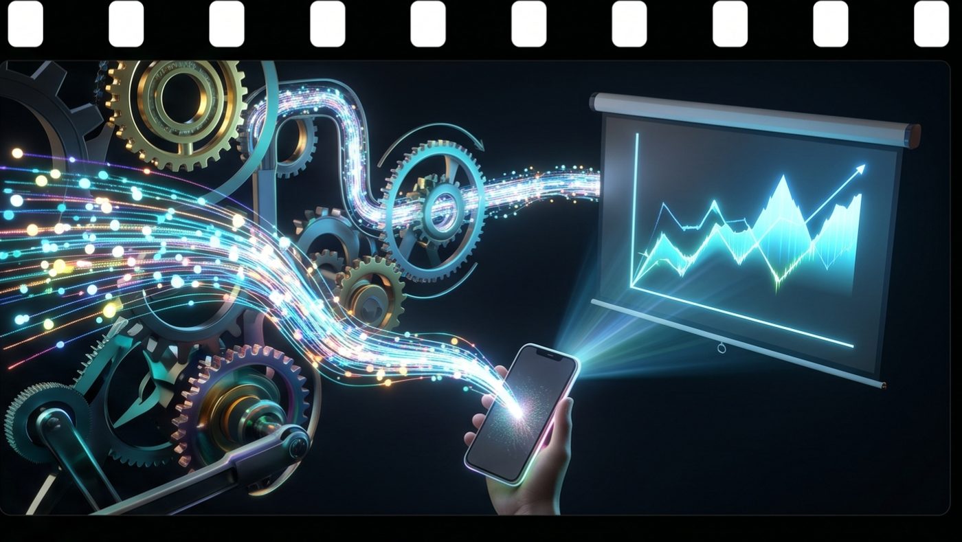 Glowing gears and streams of light flowing into a phone and a rising-chart screen